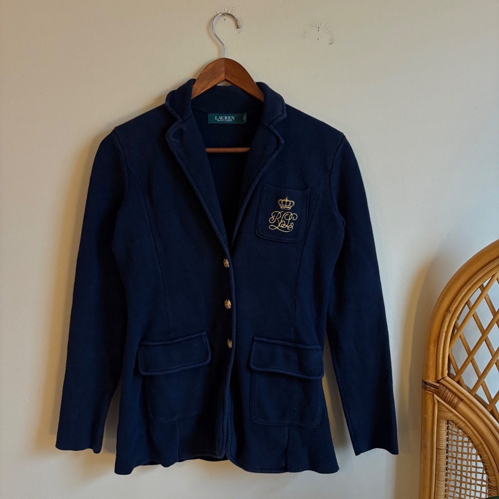 Vtg Ralph Lauren Green Label Womens Navy Gold Button Crest Cotton Knit Blazer